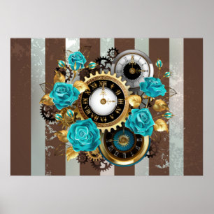 Poster Steampunk Clock and Turquoise Roses on Striped