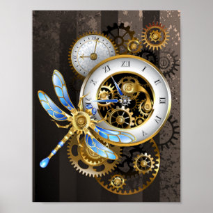 Poster Steampunk Clock with Mechanical Dragonfly
