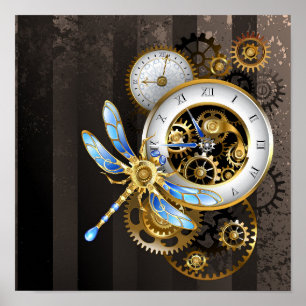 Poster Steampunk Clock with Mechanical Dragonfly