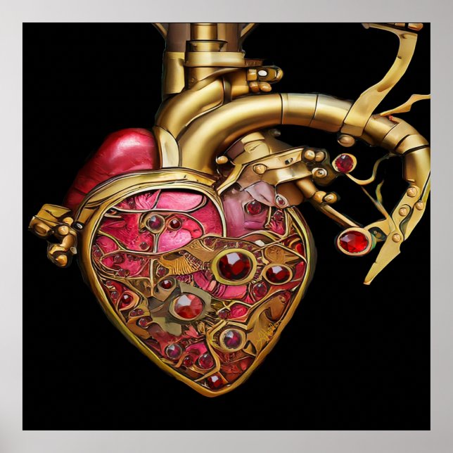 Poster Steampunk Coeur Anatomique rubis et engrenages (Devant)