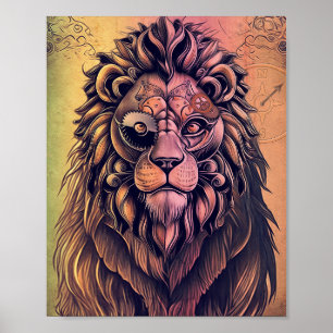 Poster Steampunk Couleur Gradient Lion Rustique