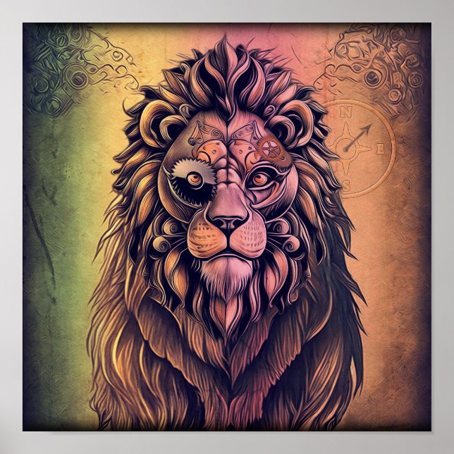 Poster Steampunk Couleur Gradient Lion Rustique (Devant)