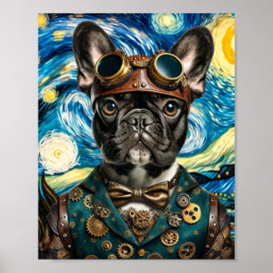 Poster Steampunk Frenchie dans la nuit étoilée