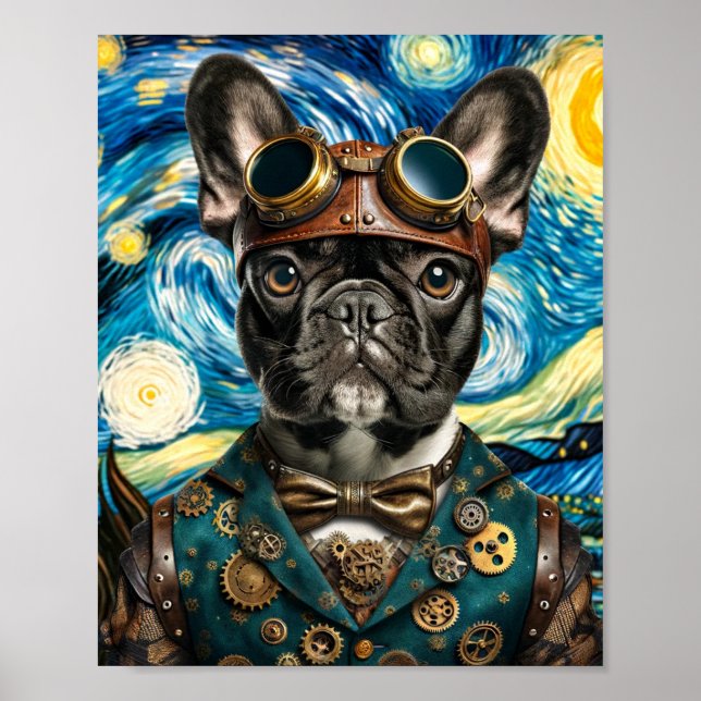 Poster Steampunk Frenchie dans la nuit étoilée (Devant)