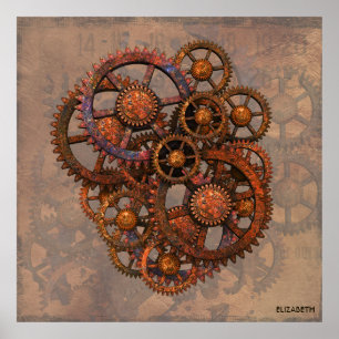 Poster Steampunk Gears En Métal Rusté Avec Ombres