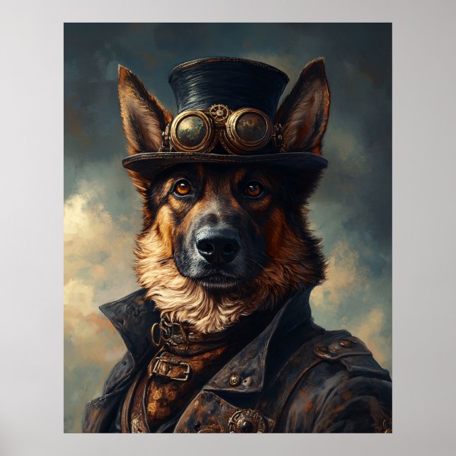 Poster Steampunk German Shepherd Dog in Top Hat (Devant)