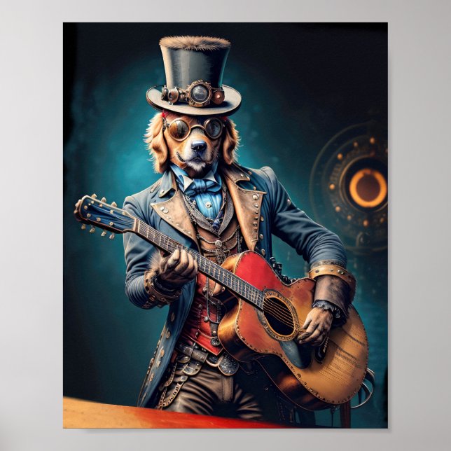 Poster Steampunk Golden Retriever jouant de la guitare (Devant)