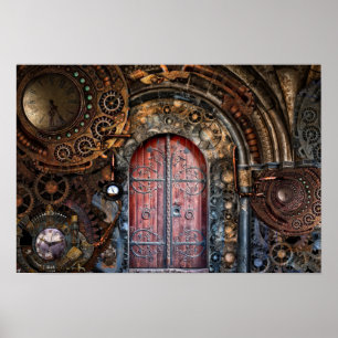 Poster Steampunk Horloge Horaire Porte