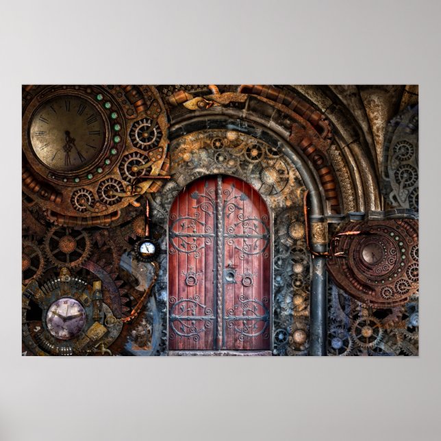 Poster Steampunk Horloge Horaire Porte (Devant)