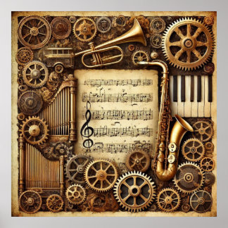Poster Steampunk Horns Gears Clavier Feuille Musique