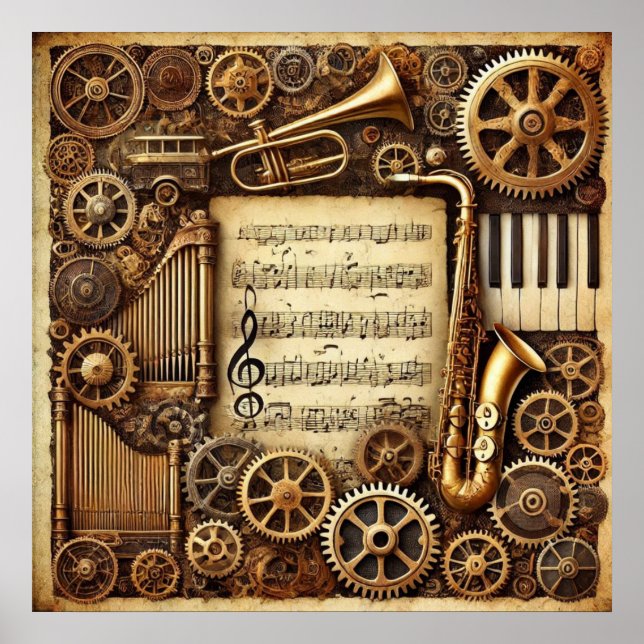 Poster Steampunk Horns Gears Clavier Feuille Musique (Devant)