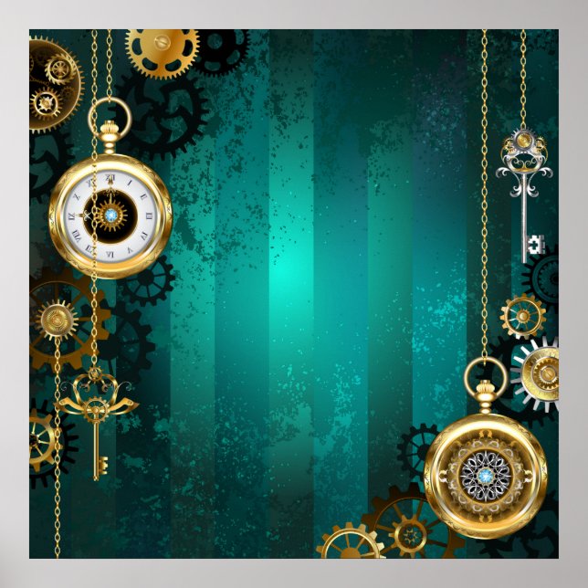 Poster Steampunk Jewelry Watch on Green Background (Devant)