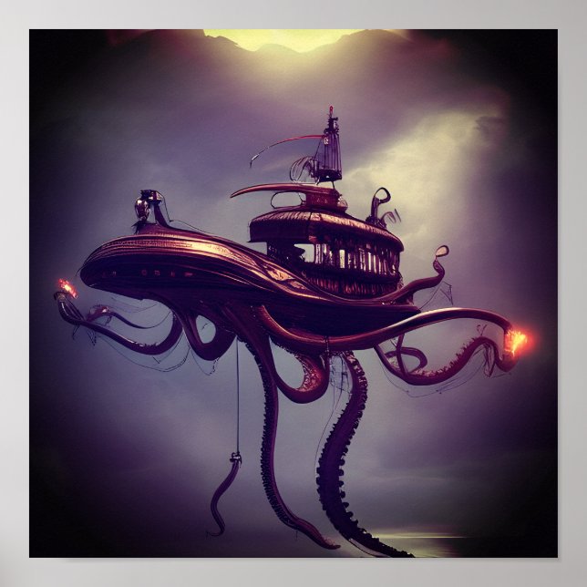 Poster Steampunk Octopus Ship Imaginaire Art (Devant)