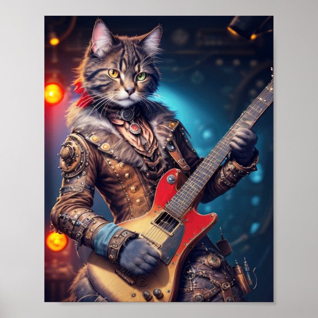 Poster Steampunk rock cat jouant de la guitare sur scène  (Devant)