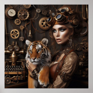 Poster Steampunk - Time Machine Jeune fille et Tiger 80-4