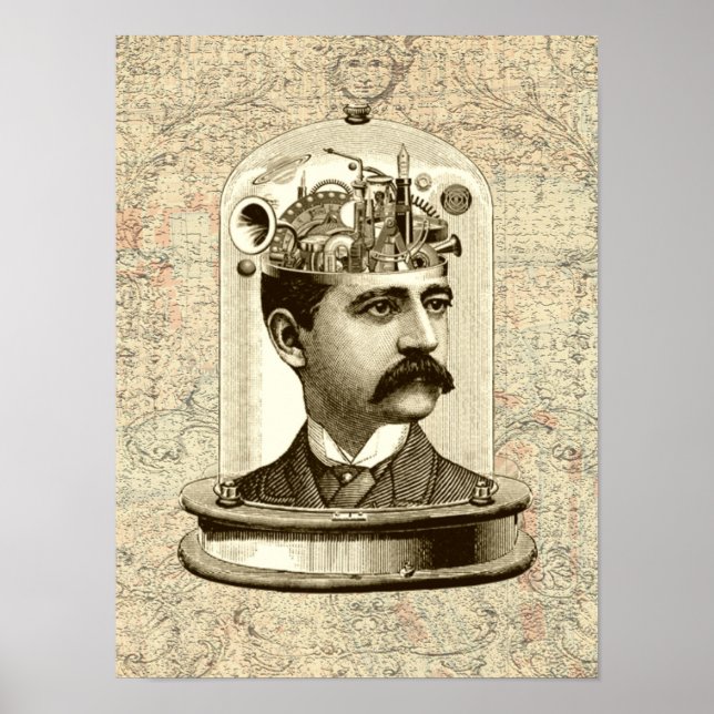 Poster Steampunk victorien horloge cerveau mécanique (Devant)
