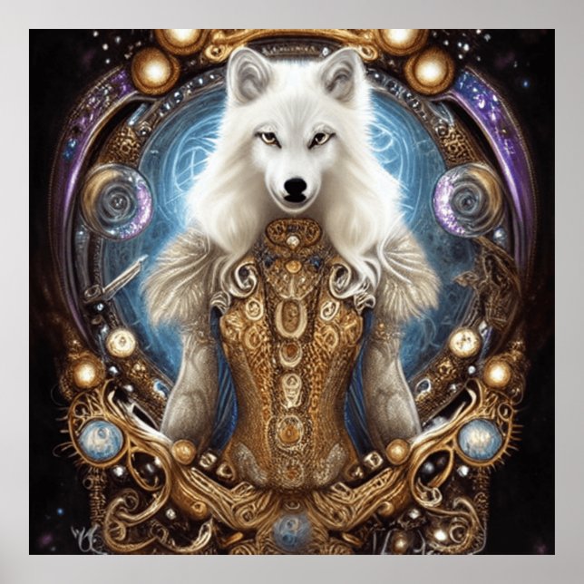 Poster Steampunk Whimsical charmant loup blanc (Devant)