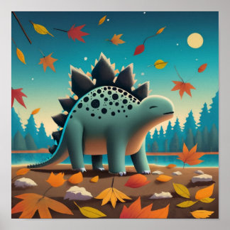 Poster Stegosaurus Automne avec Feuilles : Mignons Mur Ar