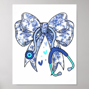 Poster Stéthoscope Médical Fleur Bleu Coquette Infirmière