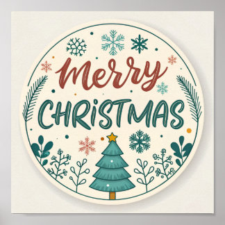 Poster Sticker rond de Noël joyeux avec arbre