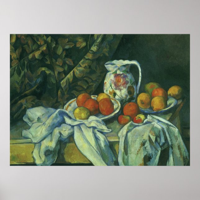 Poster Still Life, Curtain and Pitcher par Paul Cezanne (Devant)