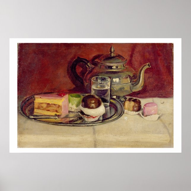 Poster Still Life with Cakes and a Silver Teapot (oil on (Devant)