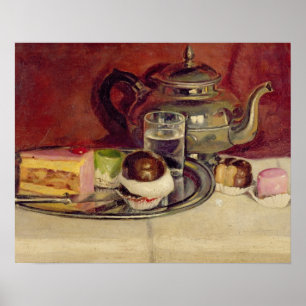 Poster Still Life with Cakes and a Silver Teapot (oil on