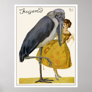 Poster Stork and Young Woman - Art Nouveau - Jugend