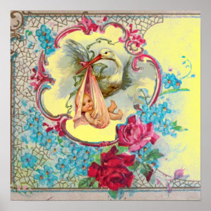Poster STORK BABY GIRL SHOWER Yellow