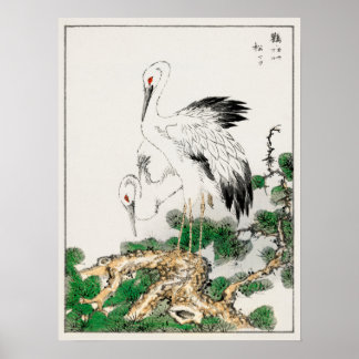 Poster Stork et Pine Tree vintage Bois japonais