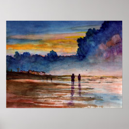 Poster Stormy Sunset Beach Composé Aquarelle Paysage mari
