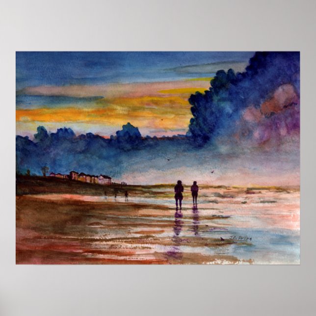 Poster Stormy Sunset Beach Composé Aquarelle Paysage mari (Devant)