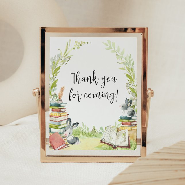 Poster Storybook New Chapter Merci pour l'avenir (Vintage Storybook Rabbit Baby Shower Thank you for Coming Sign)