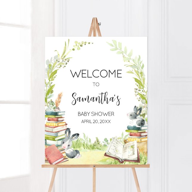 Poster Storybook Nouveau chapitre Baby shower Bienvenue (Vintage Storybook Rabbit Baby Shower Welcome Sign)