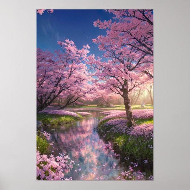 Poster Stream serene et Sakura Trees (Devant)