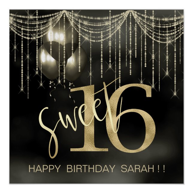Poster String Lights & Balloons Sweet 16 Black/Gold ID473 (Devant)