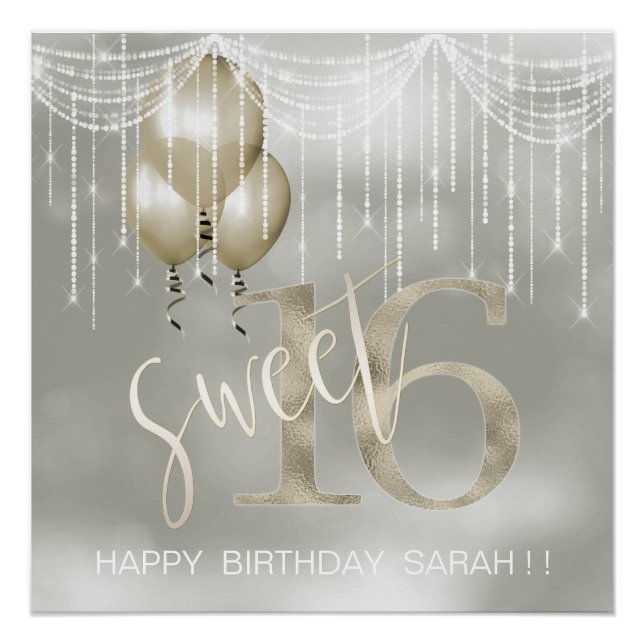 Poster String Lights & Balloons Sweet 16 Champagne ID473 (Devant)