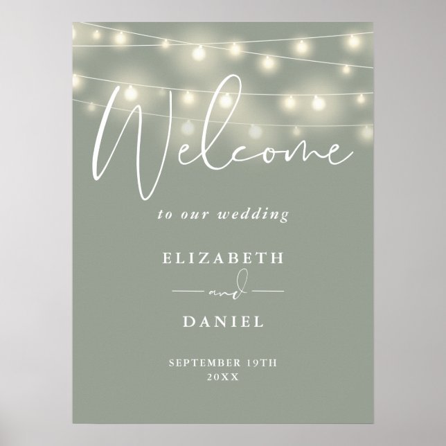 Poster String Lights Sage Green Wedding Welcome Sign (Devant)