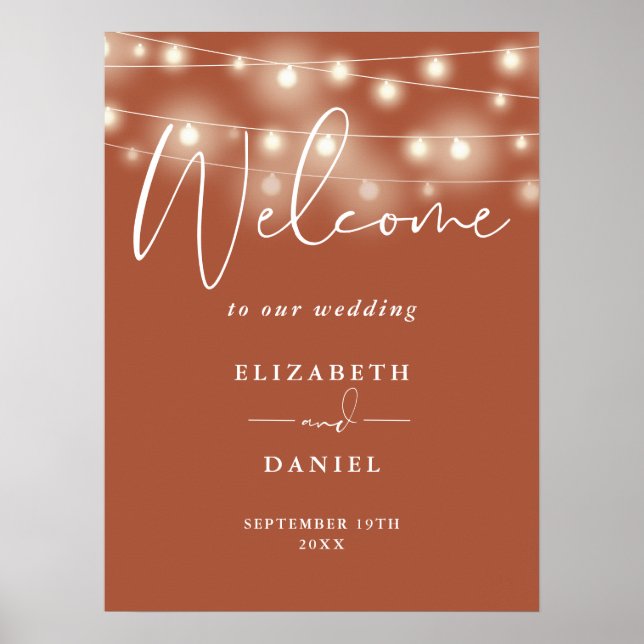 Poster String Lights Terracotta Wedding Welcome Sign (Devant)