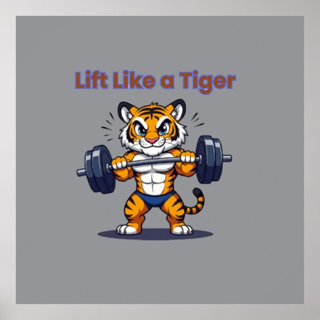 Poster **Strong Tiger – Cute Tiger Lifting Weights Illust (Devant)