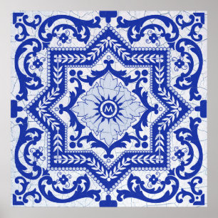 Poster Style azulejo en céramique craquée bleue Azulejo V
