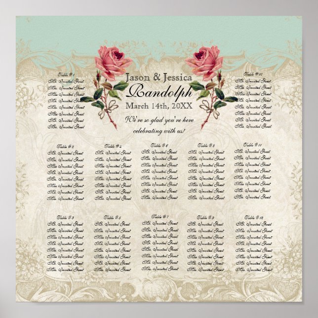 Poster Style baroque Rose Vintage Réception Carte de sièg (Devant)