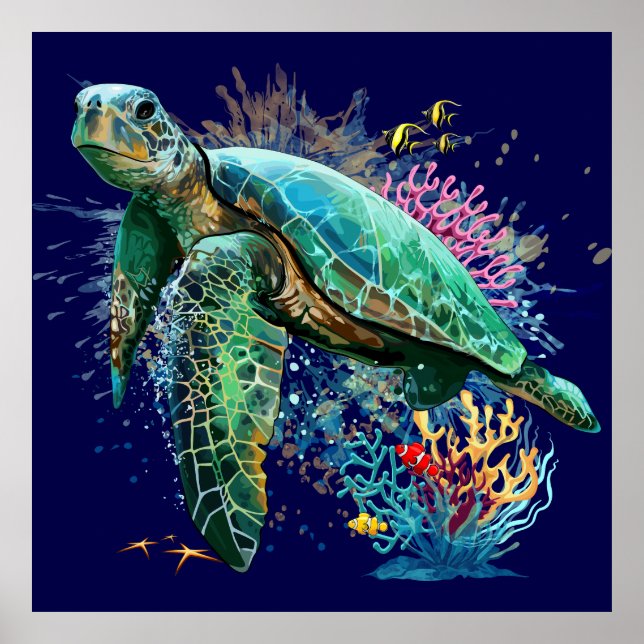 Poster Style d'aquarelle sous-marine de tortue marine (Devant)