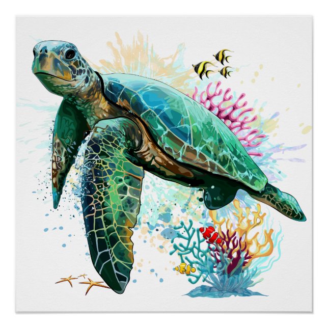 Poster Style d'aquarelle sous-marine de tortue marine (Devant)
