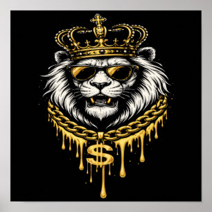 Poster Style de Rue Lion Féroce avec Couronne et Chaîne