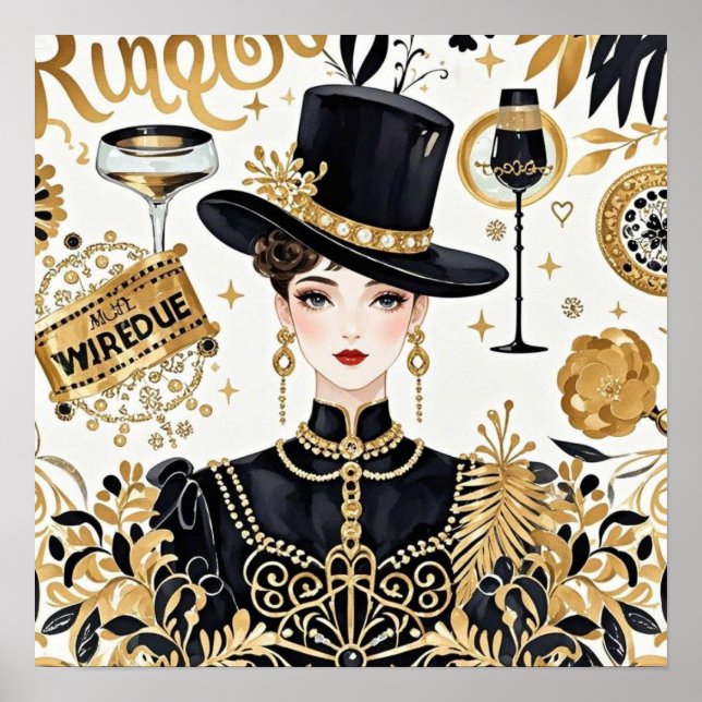 Poster Style Moulin rouge, noir et or, Luxe opulent (Devant)