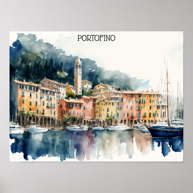 Poster Style Portofino Italie aquarelle peinture (Devant)