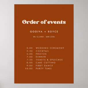 Poster Style rétro Burnt Orange Mariage Ordre des événeme
