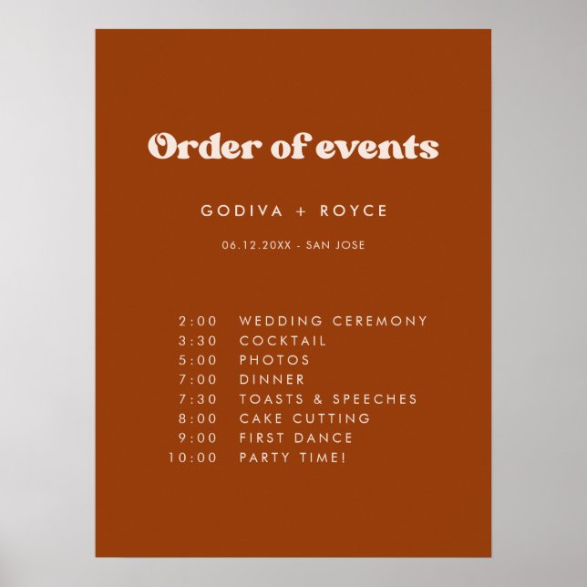 Poster Style rétro Burnt Orange Mariage Ordre des événeme (Devant)