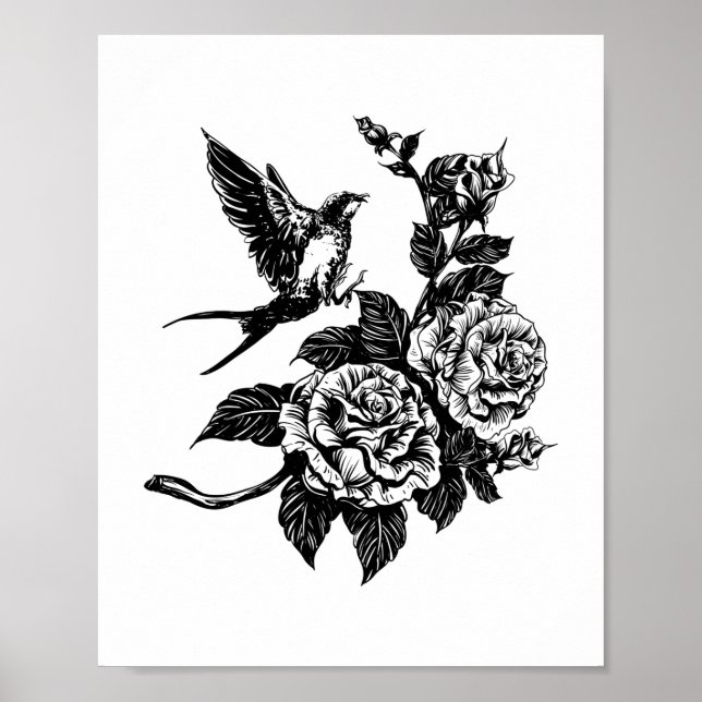 Poster Style tatouage d'oiseaux et de rose (Devant)
